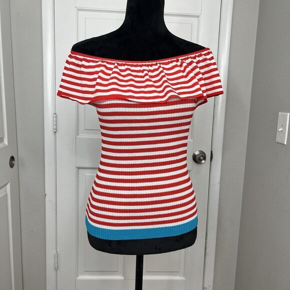 Boston Proper Blouse Women's Small Off The Shoulder Ruffle Stripped Knit‎ Top - Picture 1 of 11